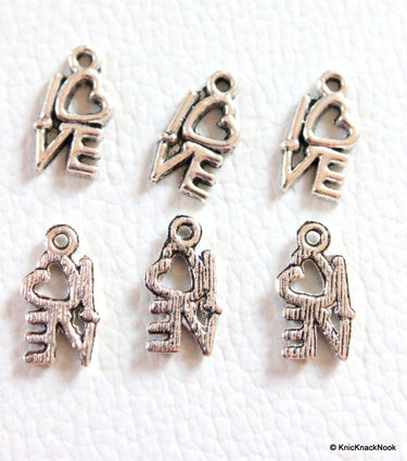 6 x Heart 'I Love' Zinc Alloy Silver Tone Charms